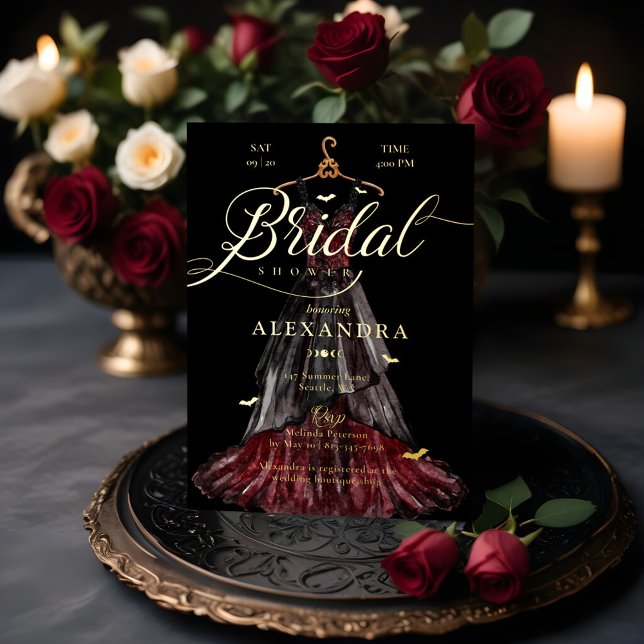 Elegantes Gotisches Black Wedding Dress Brautparty Folieneinladung (Elegant Gothic Black Wedding Dress Bridal Shower Foil Invitation)