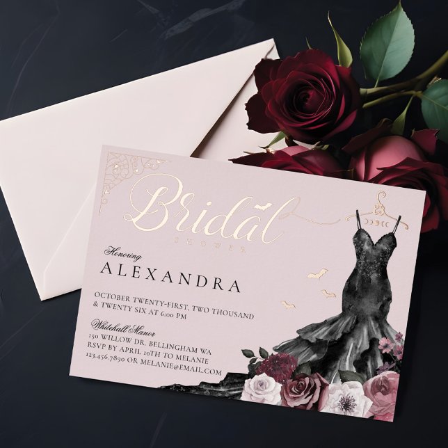 Elegantes Gotisches Blumendress-Brautparty Folieneinladung (Elegant Gothic Floral Wedding Dress Bridal Shower Foil Invitation)