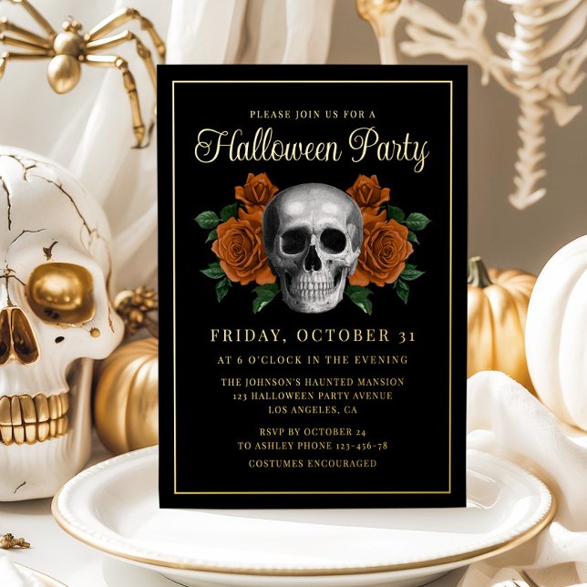 Elegantes Gotisches Blumengestein Halloween Gold Folieneinladung (Elegant Gothic Floral Skull Halloween Gold Foil Invitation)