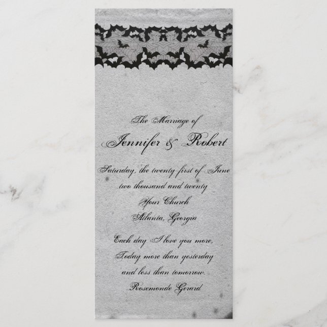 Elegantes gotisches Fledermaus-Spitze-Hochzeitspro Programm (Vorderseite)