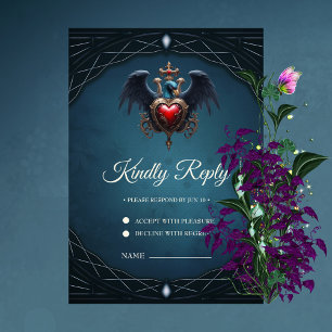 Elegantes gotisches Herz mit Fantasievogel. RSVP Karte