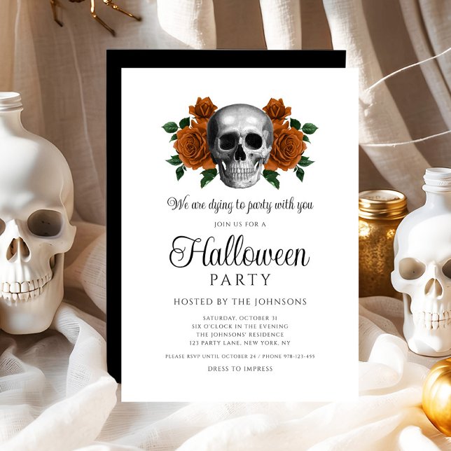 Elegantes Gotisches Schwarzes Blumenschädel Hallow Einladung (Elegant Gothic Black Floral Skull Halloween Invitation)