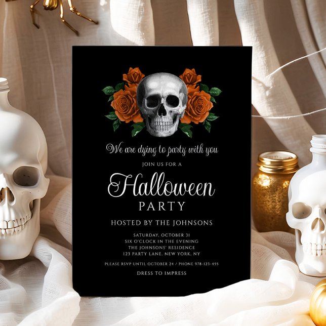 Elegantes Gotisches Schwarzes Blumenschädel Hallow Einladung (Elegant Gothic Black Floral Skull Halloween Invitation - digital download)