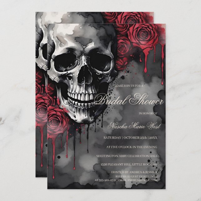 Elegantes Gotisches Skull & Rose Brautparty Einladung (Vorne/Hinten)