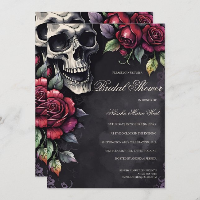 Elegantes Gotisches Skull & Rose Brautparty Einladung (Vorne/Hinten)