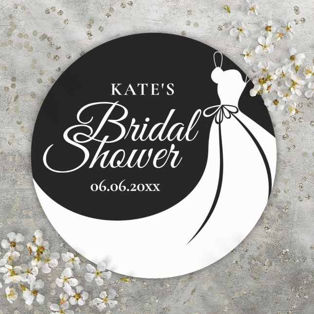 Elegantes Gown Black and White Brautparty Gefallen Runder Aufkleber (Elegant Gown Black And White Bridal Shower Favor Classic Round Sticker)