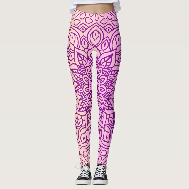 Elegantes Gradient Lila Peach Mandala Muster Leggings (Vorderseite)
