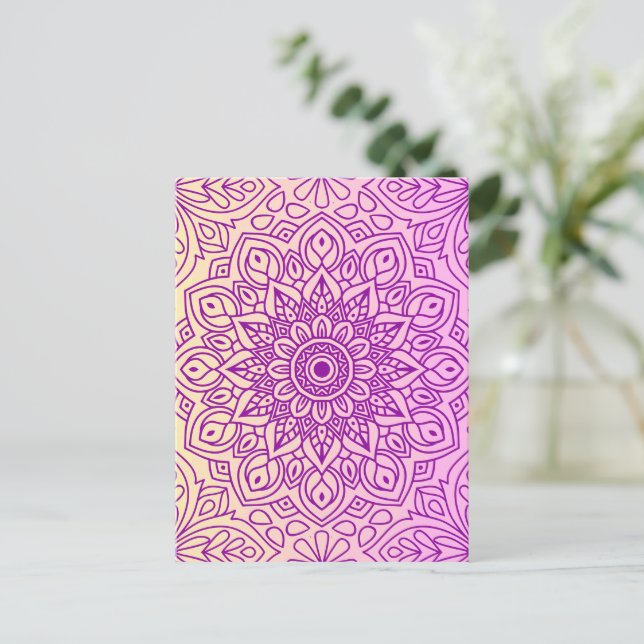 Elegantes Gradient Lila Peach Mandala Muster Postkarte (Stehend Vorderseite)