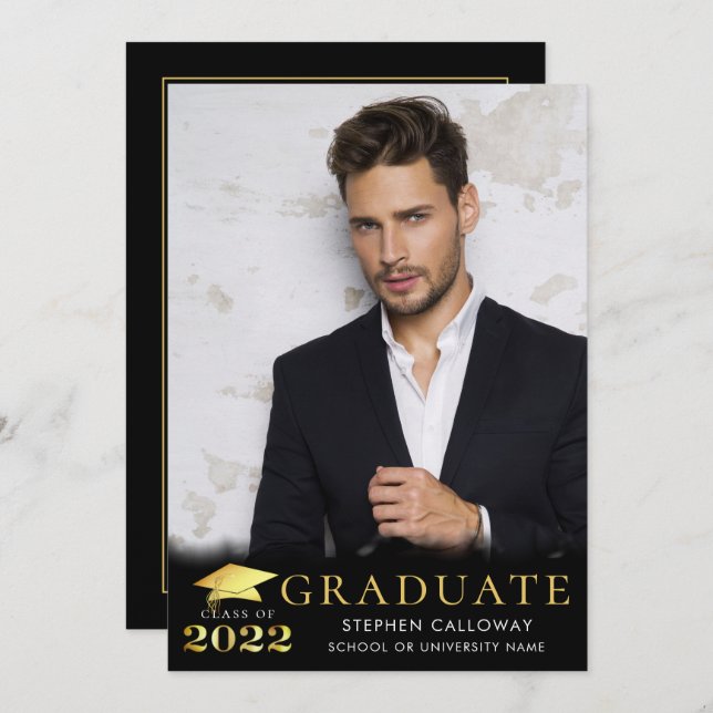 Elegantes Graduate 2022 Black Gold Metallic 2 Foto Ankündigung (Vorne/Hinten)