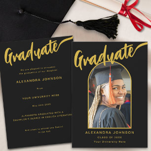Elegantes Graduate Foto Arch Black and Gold Script Ankündigung