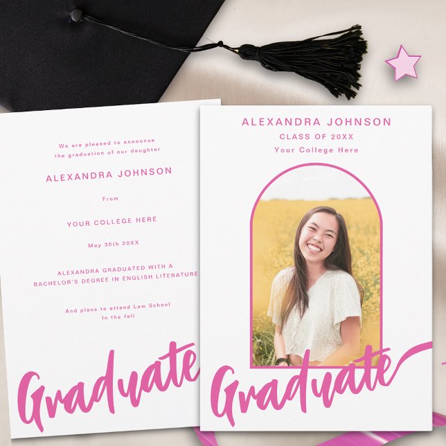 Elegantes Graduate Foto Arch Pink Script Ankündigung (Elegant arch graduate photo hot pink script Graduation announcement card)