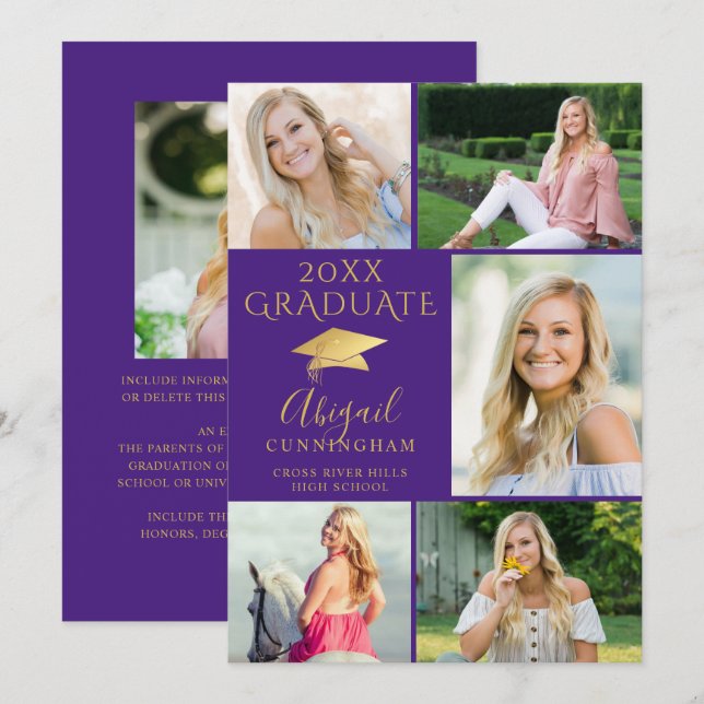 Elegantes Graduate Lila Gold 6 FotoCollage Ankündigung (Vorne/Hinten)
