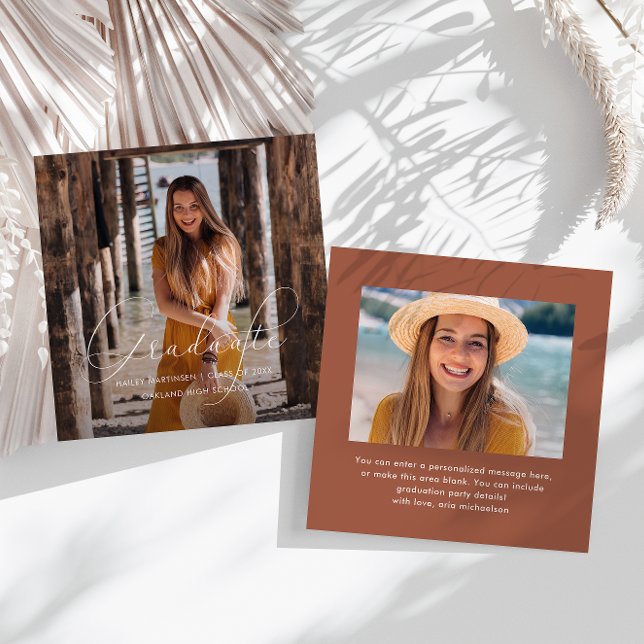 Elegantes Graduate Script Foto Terracotta Mitteilungskarte (Von Creator hochgeladen)