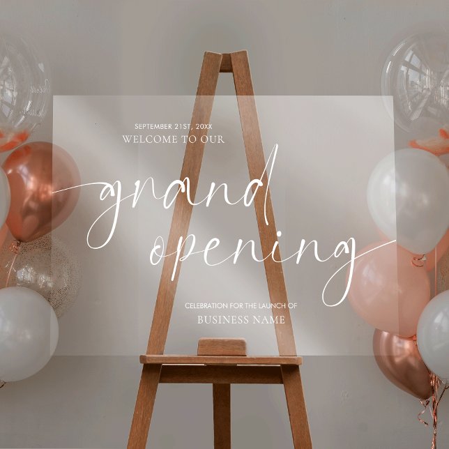 Elegantes Grand Opening Transparenter Empfang Acrylschild (Elegant business grand opening acrylic welcome sign *image is a mockup; easel is not included* )