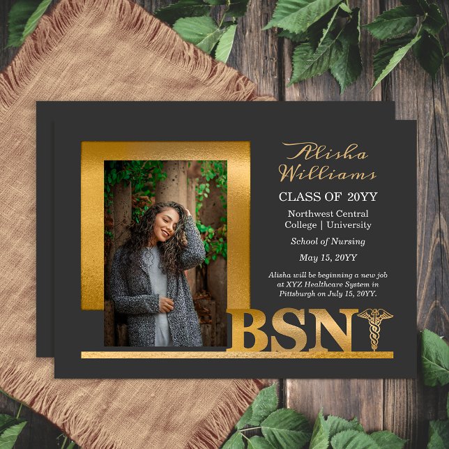 Elegantes Graphit Gold BSN-Abschluss 2026 Ankündigung (Elegant graphite and gold BSN graduation announcement with modern photo layout)