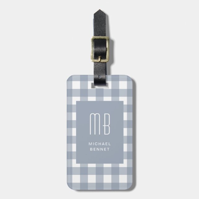 Elegantes grau-blaues Gingham-Monogramm Gepäckanhänger (Vorderseite vertikal)