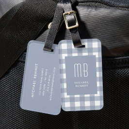 Elegantes grau-blaues Gingham-Monogramm Gepäckanhänger