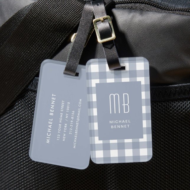 Elegantes grau-blaues Gingham-Monogramm Gepäckanhänger (Elegant Gray Blue Gingham Monogram Luggage Tag)