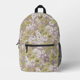 Elegantes, grau-grün-florales Muster Monogramm Bedruckter Rucksack