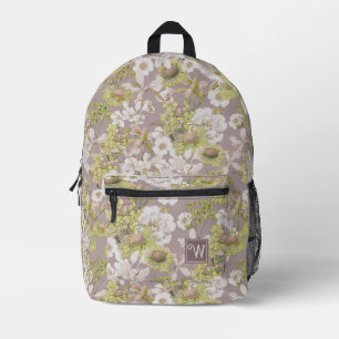 Elegantes, grau-grün-florales Muster Monogramm Bedruckter Rucksack