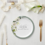 Elegantes, grau-grünes Brautparty Pappteller<br><div class="desc">Dieses trendige Brautparty-Papierschild mit einem Blumenstrauß aus grünlich grünen botanischen Blätter und Eukalyptusbäumen, umgeben von blass eukalyptusblau-grauem Grün. Personalisieren Sie Ihre Brautparty-Details in weichem Offschwarz, betont mit einer schönen modernen handgeschriebenen Kalligraphie. Teil einer koordinierten Suite. Koordiniert mit unserem Bestseller Elegant White Grey Green Watercolor Brautparty Suite hier: https://www.zazzle.com/collections/elegant_white_gray_green_watercolor_bridal_shower-119825491289285918 Kontakt Designer...</div>