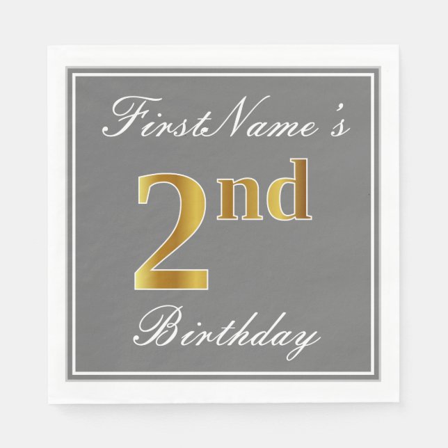 Elegantes Grau, Imitate Gold 2. Geburtstag + Indiv Serviette (Vorderseite)