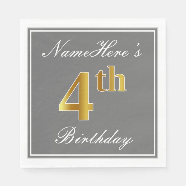 Elegantes Grau, Imitate Gold 4. Geburtstag + Indiv Serviette (Vorderseite)