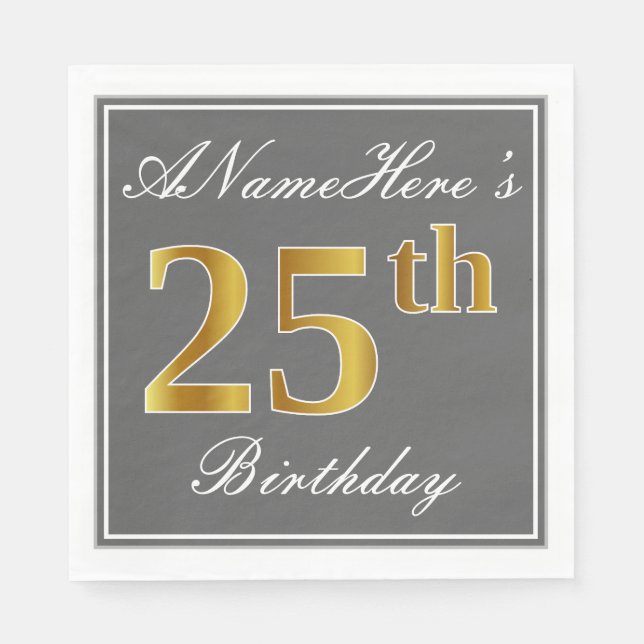Elegantes Grau, Imitats Gold 25. Geburtstag; Indiv Serviette (Vorderseite)