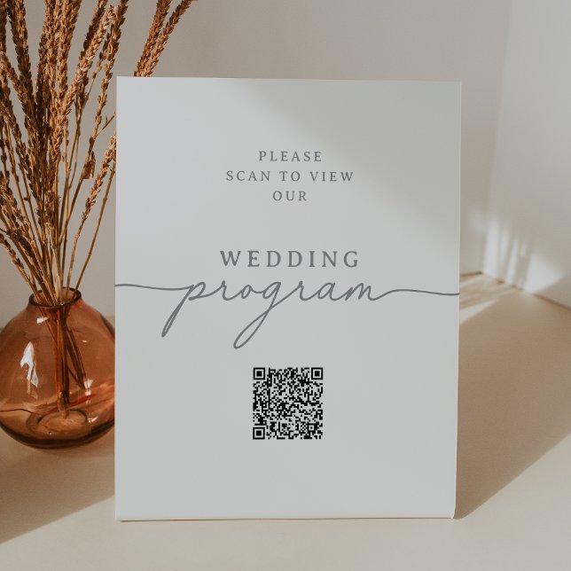 Elegantes Grau-Kalligrafie-QR-Code-Hochzeitsprogra Sockelschild (Von Creator hochgeladen)