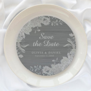 Elegantes Grau Silber Blumen Save-the-Date-Hochzei Runder Pappuntersetzer