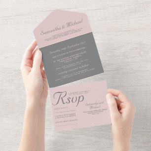 Elegantes Grau und Staubrosa Minimalistisches All- All In One Einladung