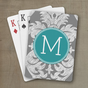 Elegantes Grau und Türkis Damast-Muster mit indivi Spielkarten