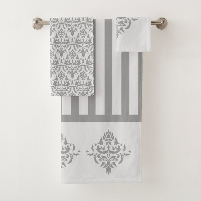 Elegantes graues Damask einfaches Stripmuster Badhandtuch Set (Insitu)