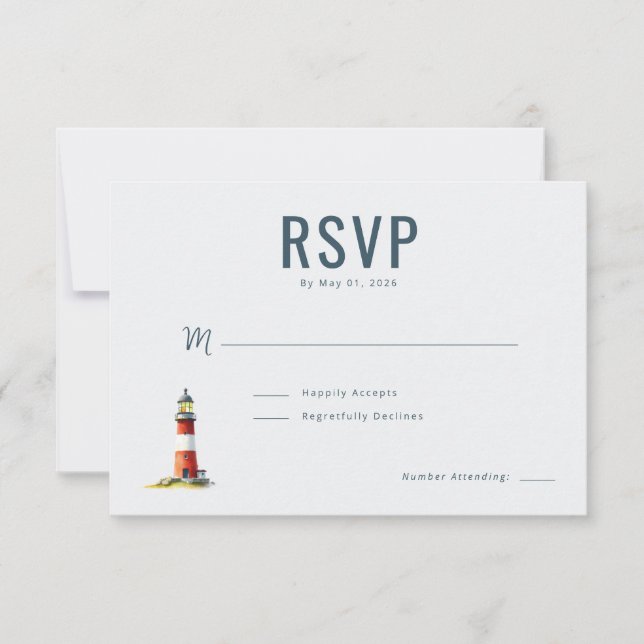 Elegantes graues Leuchtturm RSVP Karte (Vorderseite)