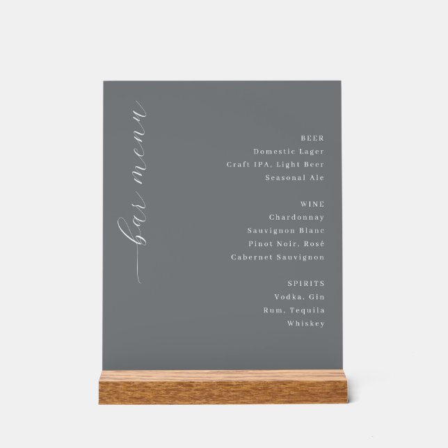 Elegantes graues minimalistisches Bar-Menü Acrylschild (Vorderseite)