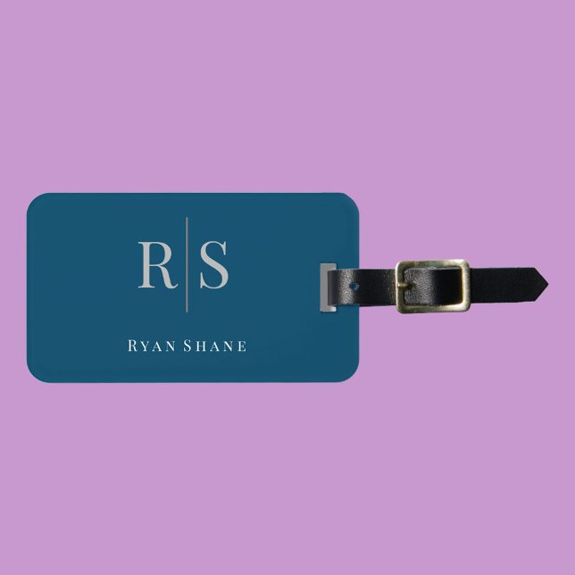 Elegantes graues Monogramm, Name & Info, Ocean Blu Gepäckanhänger (Von Creator hochgeladen)