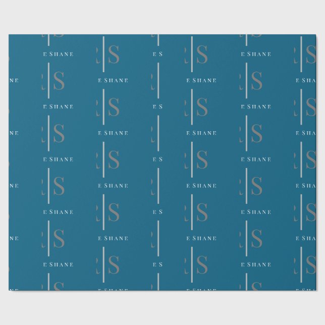 Elegantes graues Monogramm & weißer Name, Blau Geschenkpapier (Saum)