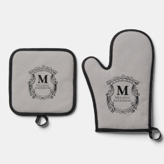 Elegantes graues Monogrammwappen Ofenhandschuh & Topflappen-Set