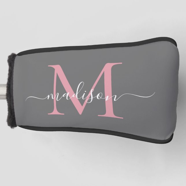 Elegantes graues Rosa Monogramm Feminine Script Golf Headcover (Vorderseite)