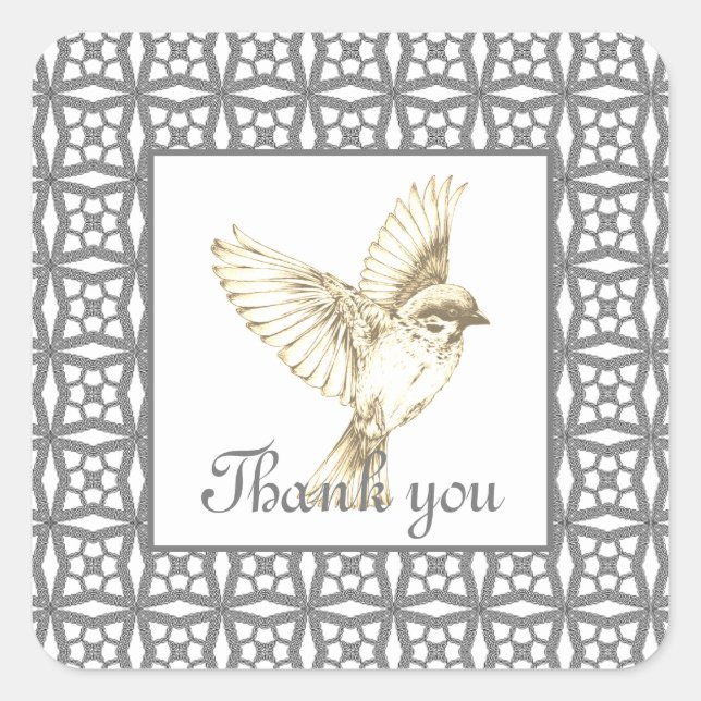 Elegantes graues Spitzenmuster mit Vogel Quadratischer Aufkleber (Vorderseite)