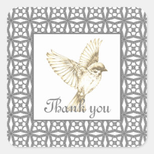Elegantes graues Spitzenmuster mit Vogel Quadratischer Aufkleber
