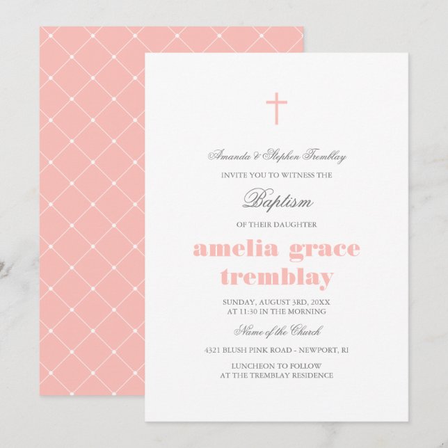 Elegantes graues und rot-rosa Kreuz-Taufe Einladung (Vorne/Hinten)