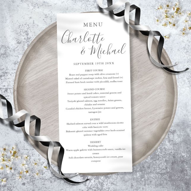 Elegantes, graues und weißes Unterschriftmenü für  Menükarte (Elegant Gray And White Signature Wedding Menu)