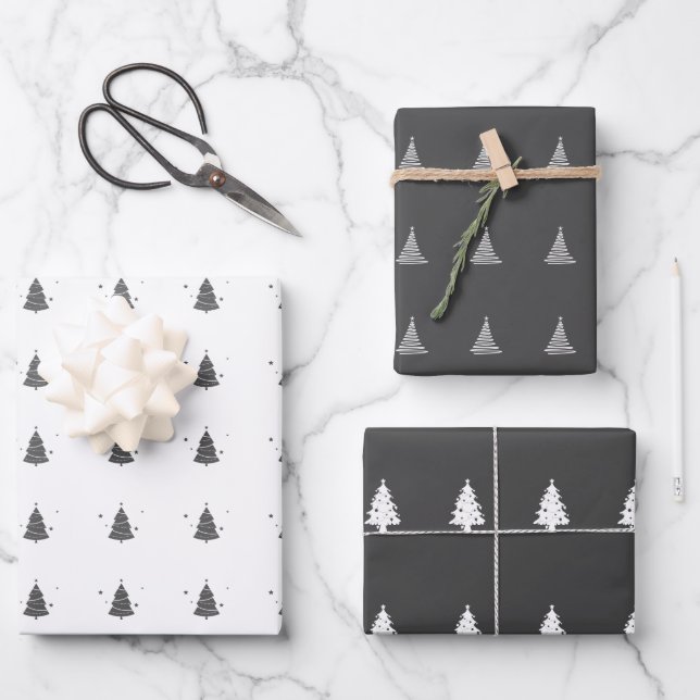 Elegantes Graues Weiß Weihnachtsbaum Muster Gesche Geschenkpapier Set (Vorderseite)