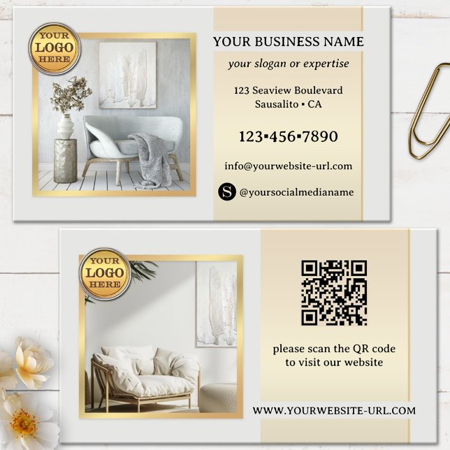 Elegantes Graugoldmöbel oder Innendesign Visitenkarte (Business card featuring your photos on an elegant simple design in light grey and gold - home decor)