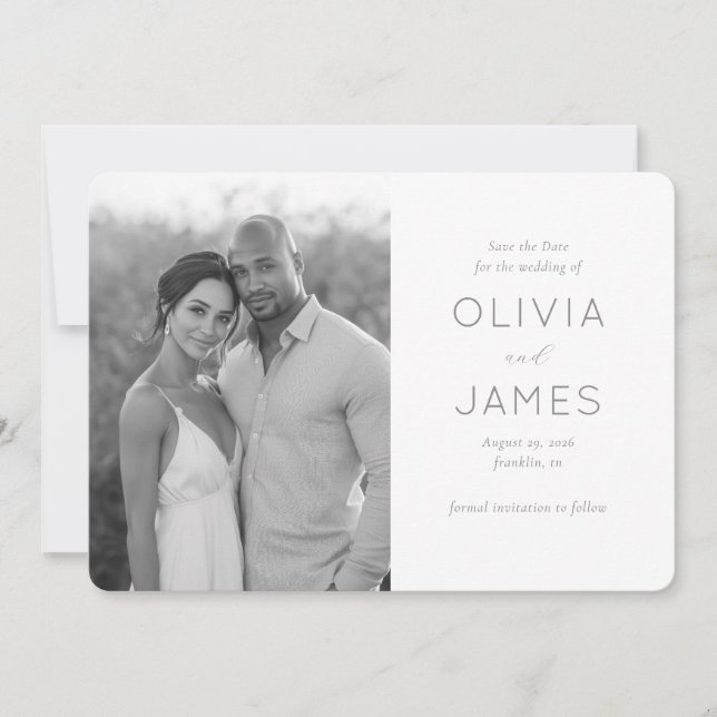 Elegantes Graustufen-Minimalist-Foto Save The Date (Vorderseite)