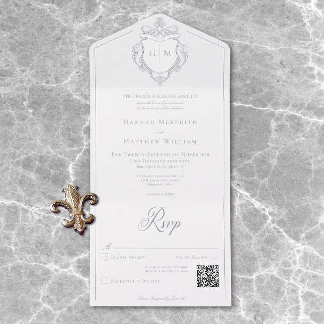Elegantes Gray Chinoiserie Bird Wappen Wedding QR All In One Einladung (Elegant Gray Chinoiserie Bird Crest Wedding QR All In One Invitation)