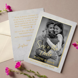 Elegantes Gray-Gold-Script mit Foto Save the Date Folieneinladung