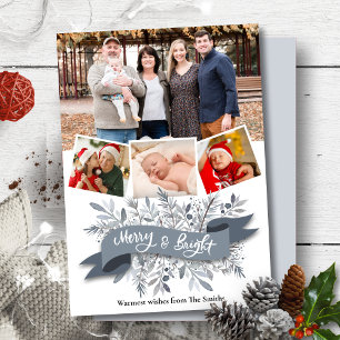 Elegantes Gray Pine Bough Ribbon Modernes Script-F Feiertagskarte