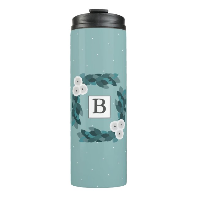Elegantes Gray Ranunculus Blume & Foliage Monogram Thermosbecher (Vorderseite)